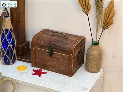 Rương gỗ viền da đinh tán bo nắp [03 Size - Tặng ổ khóa] Cao 14 - 20cm RUONG-GO-05